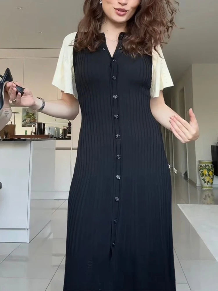 Elegant Pleated Hem Street Fashion O Neck Bell Sleeve Slim Knit Midi Dress 2025 Women Summer Beach Swimsuit Cover Up Tunic A3055