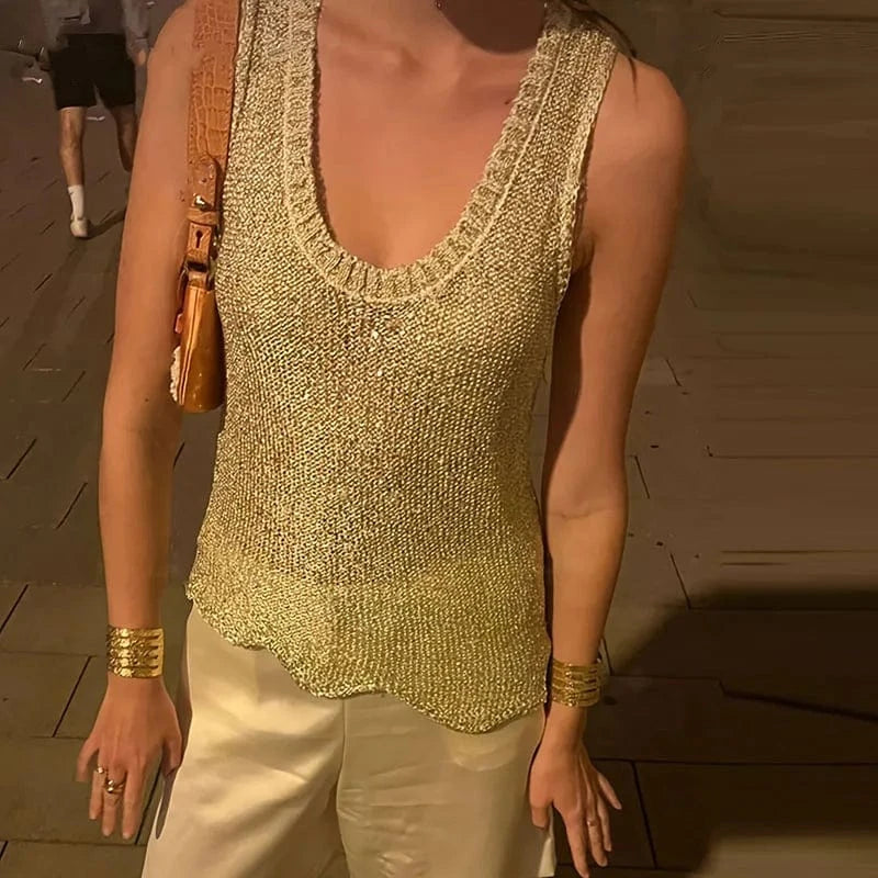 Women Sexy U Neck Sequin Party Shirt 2025 Spring Solid See Through Hollow Top Pullover 2025 Summer Sleeveless Loose Tank T-shirt