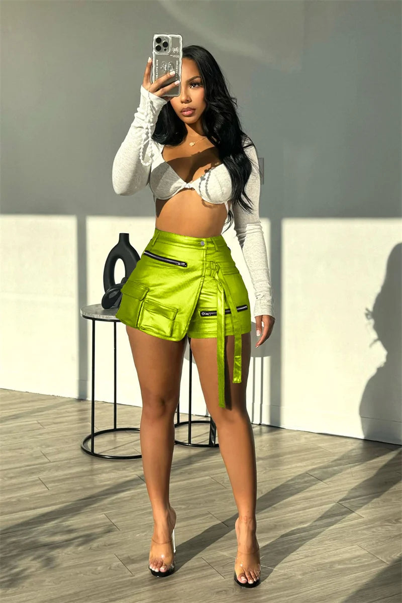 Shiny Metallic Irregular Shorts Skirts Women Y2K Clothing High Waist Button Fly Pockets Zipper Party Club Birthday Short Mujer