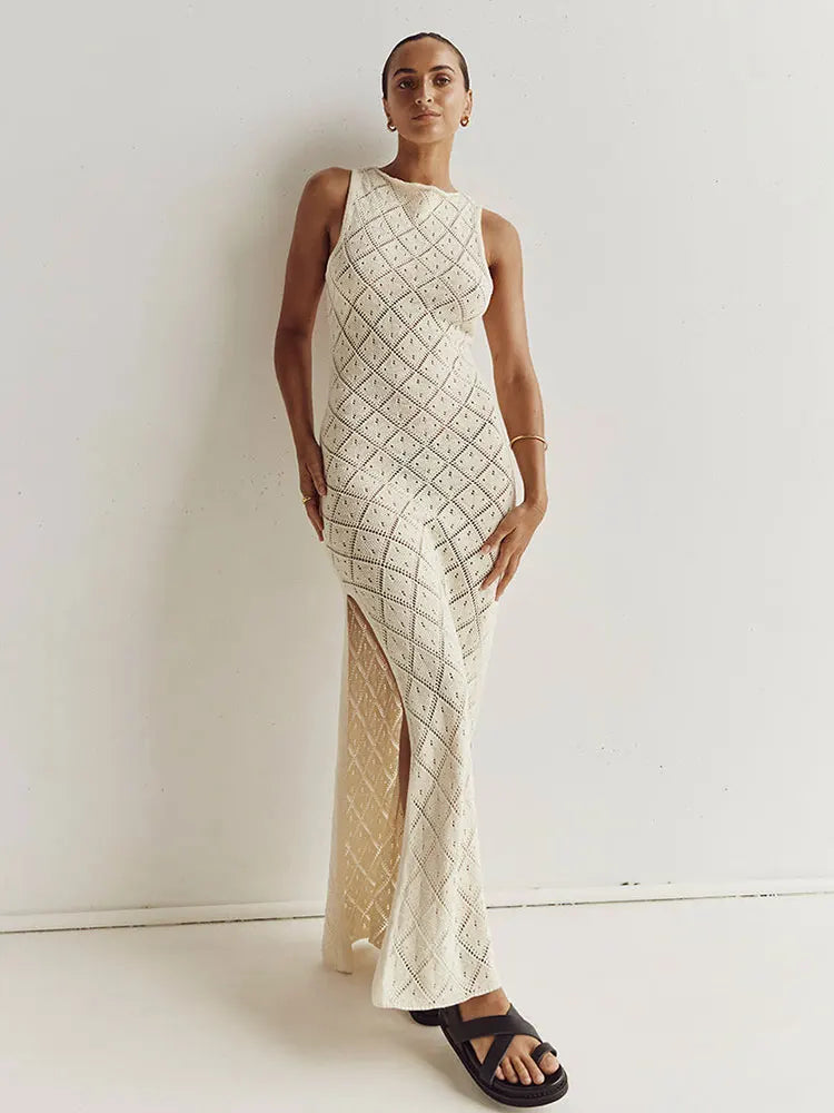 Sexy Cut Out Slit Knit Mesh Swimsuit Cover Up Pareo Tunic 2025 Summer Beach Maxi Dress Bikini Cover-ups Women Beachwear A2318