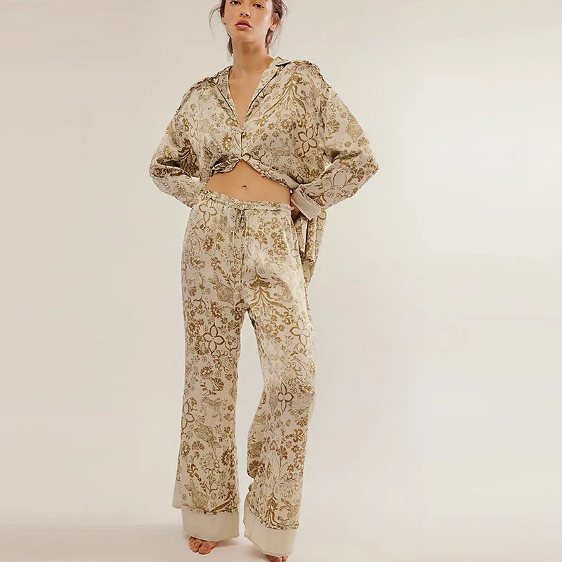Casual Print Blouse and Wide Leg Pants Set for Women