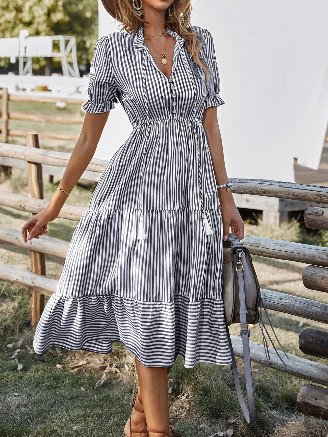 Summer Women's Striped Short Sleeve V-Neck Elastic Waist Dress