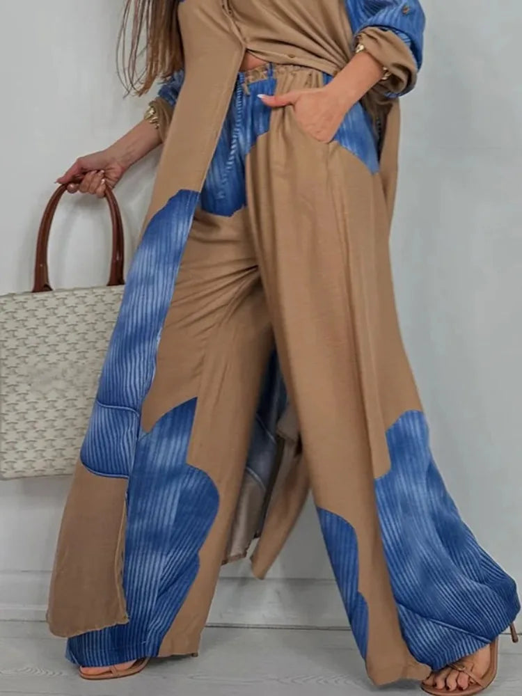 Beautyblue Elegant Women's Pants Floral Printed Trousers Casual Loose Contrast Color Drawstring Elasticity Wide Leg Pants Female