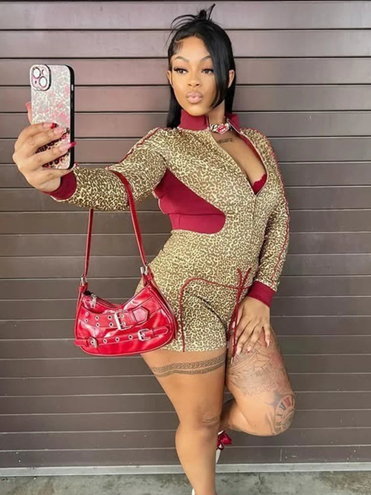 Weird Puss Casual Women 2 Piece Set  Tracksuit Leopard Print Patchwork Zip Crop Jacket+Shorts Sporty Stretch Streetwear Outfits