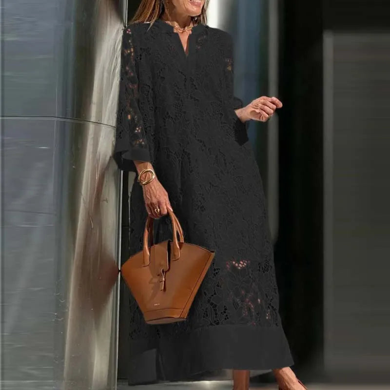 Summer Women White Lace Hollow Evening Dress Elegant V Neck Contrast Patchwork Mesh Women Long Sleeve Party lace Dress 2 piec