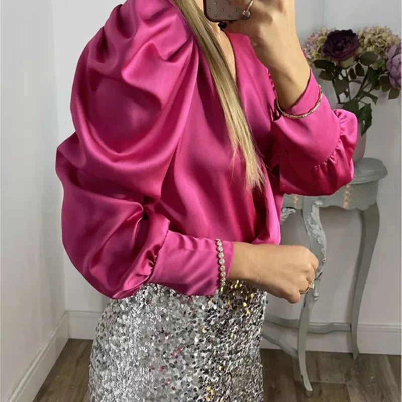 Spring Solid Color Commute Satin Shirt Pullover Fashion V-Neck Puff Long Sleeve Blouses Female Temperament Pleated Ruffled Tops