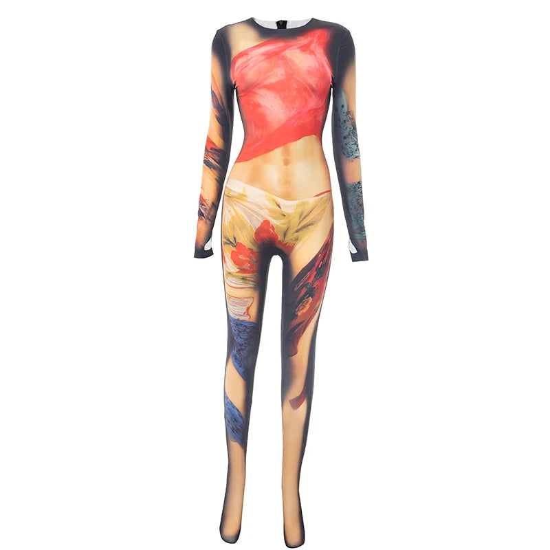 Weird Puss Colorful Print Jumpsuit Women Sexy o-Neck Full Sleeve Skinny Peach Hip Hot Girls Street Fashion Wild Style Overalls