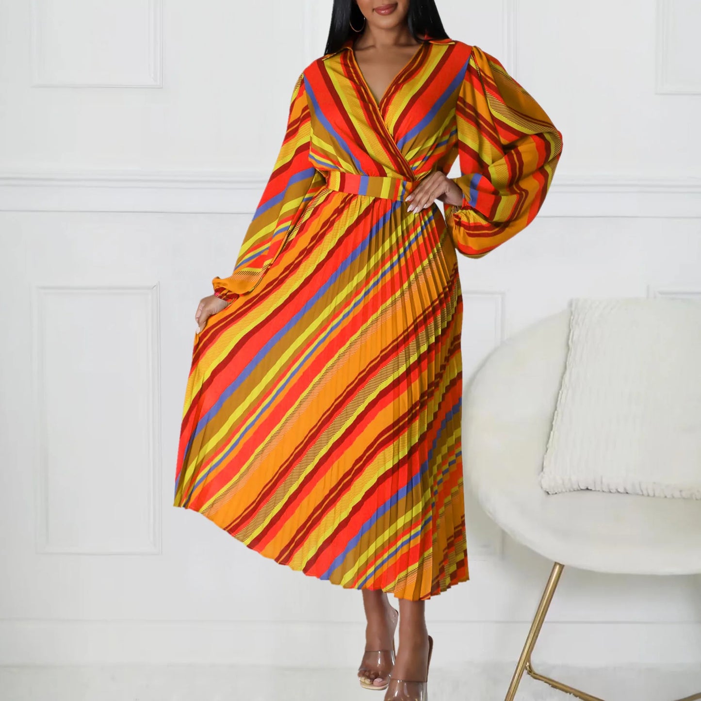 Elegant Office Dresses for Women Striped Printed V Neck Full Sleeve High Waisted Pleated Mid Calf Professional Work Dress Midi