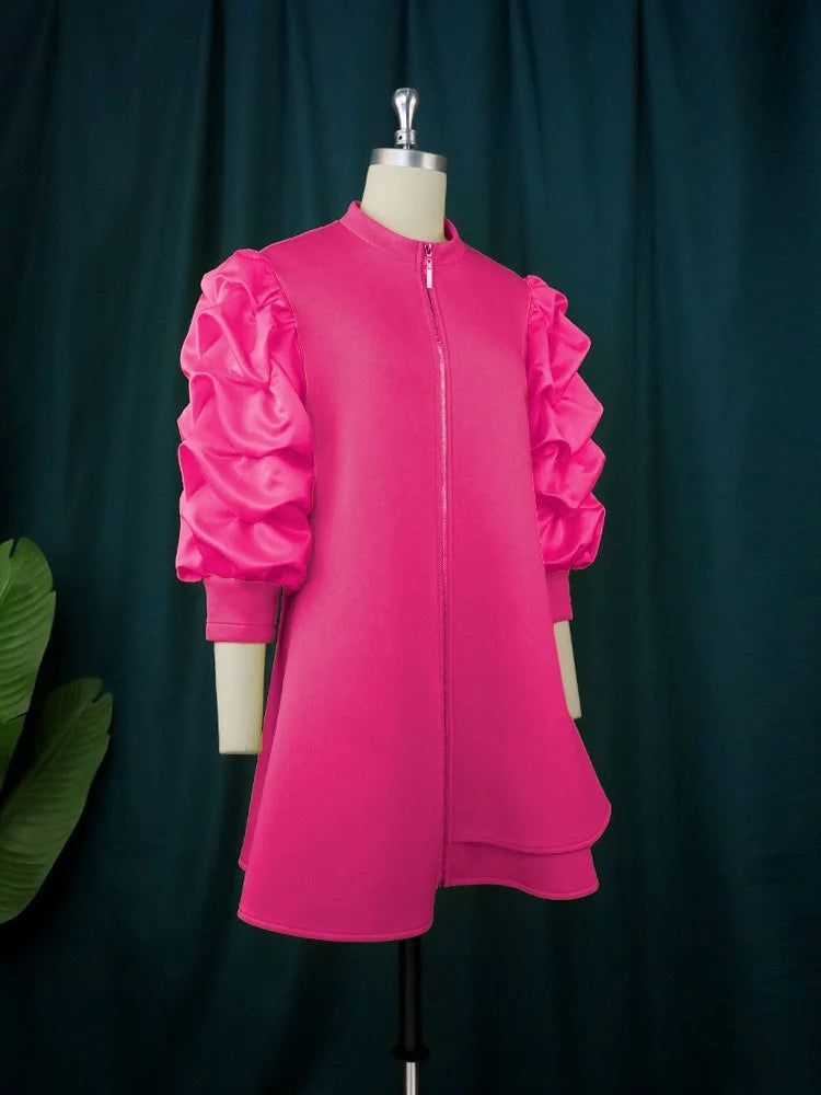 Wmstar Plus Size Dresses for Women Elegant Lady Loose Purff Zipper Up Long Sleeve Party Mini Dress Wholesale Dropshipping 2024