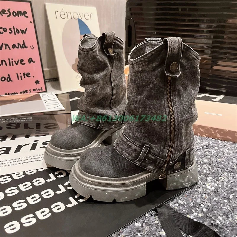 Design Women High Platform Sole Denim Flat Ankle Boots Lady Jeans Ankle Boots Platform Flat Denim Boots