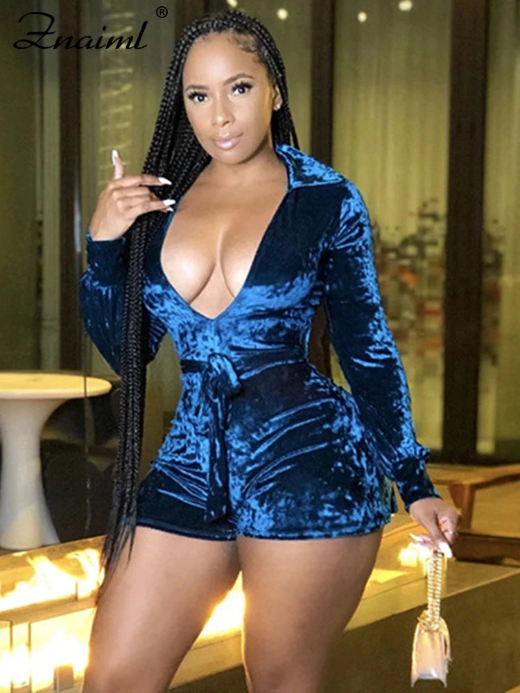 Znaiml Elegant Velvet Shorts Jumpsuit Women Clothing Solid Color Long Sleeve V-Neck Playsuits Sexy Nightclub Bodycon Romper New