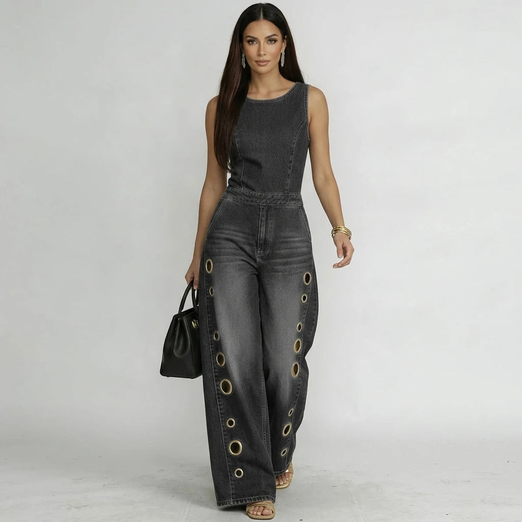 Bonboho Women's Sleeveless Round Neck Eyelet Wide Leg Denim Jumpsuit Casual Streetwear Jumpsuit for Festival & Party Outfits