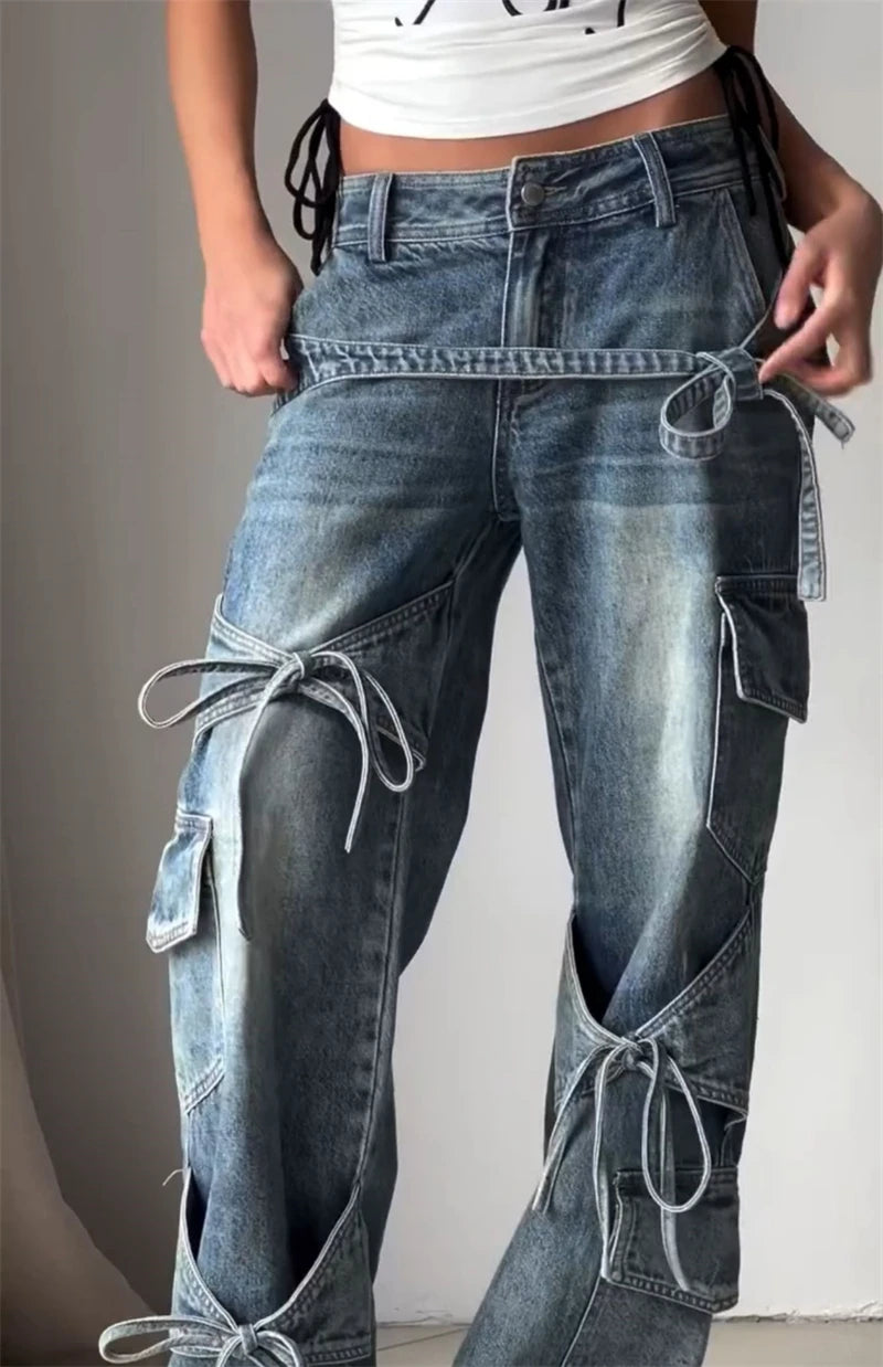 Women's Blue Baggy Y2k Cargo Jeans Harajuku Oversize Denim Trousers Japanese 2000s Style Jean Pants Trashy Vintage Clothes 2025