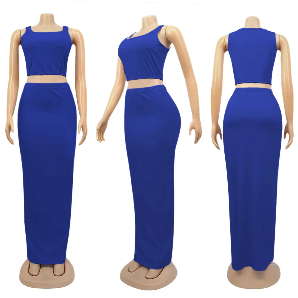 CM.YAYA Women Set Solid Sleeveless Strap Square Collar Crop Tops Stretchy Long Skirts Two Piece Set Sexy Fashion Outfits Summer