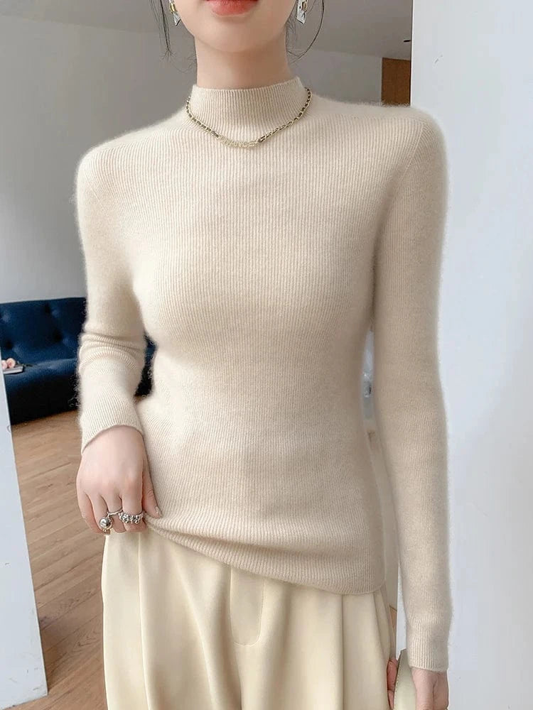 Women 100% Cashmere Sweater Mock Neck Pullover Autumn Winter Slim Basic Cashmere Knitwear Soft Warm High Strecth Pullover Tops
