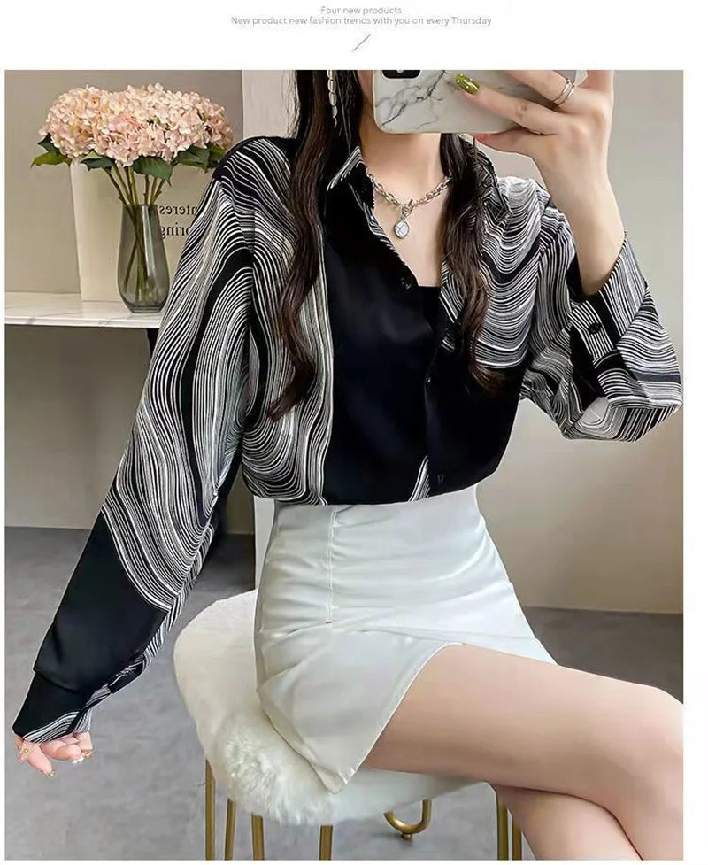 Shirt Women's Design Sense Niche Long-Sleeved Blousers 2025 Spring And Autumn Korean Retro Buttton Chiffon Shirt Top Printed 102