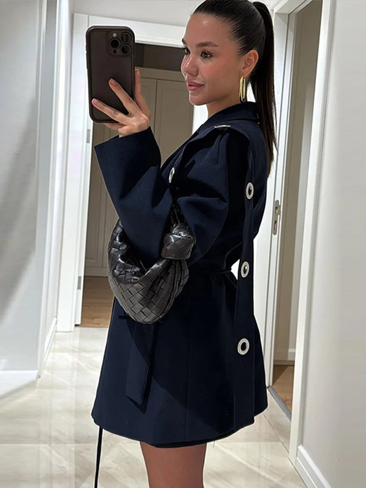 Vintage Tie Up Women 's Coats Elegant Laple Full Sleeve Pockets Hollow Out Blazer Female 2025 Autumn Winter Fashion Streetwears