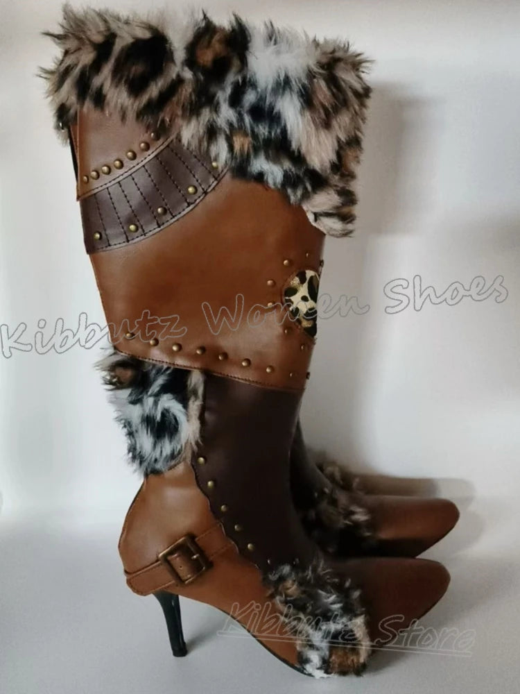 Knee High Boot Furry Patchwork Leather Belt Buckle Winter Warm Fashion Novelty Sexy Elegant Concise Pointy Thin Heels Shoes New