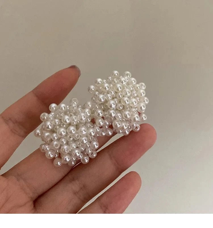 Exquisite Pearl Braided Flower Earrings for Women French Exaggerated Round Brincos Wedding Party Jewelry