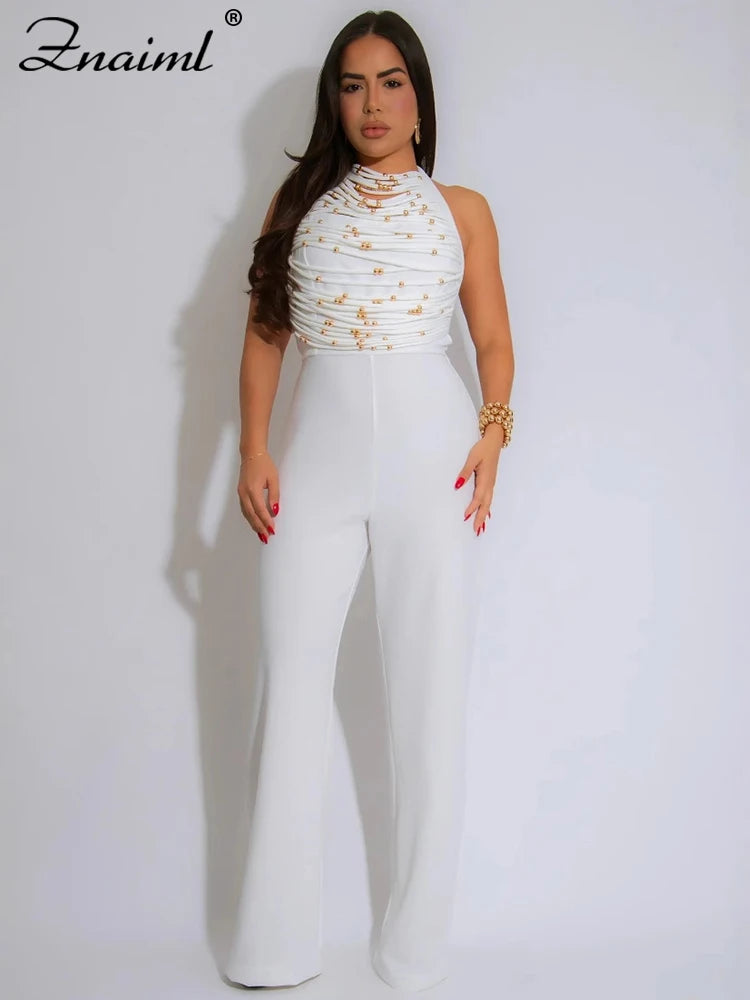 Znaiml Elegant Long Jumpsuits for Women Summer Sleeveless Halter Lace Up Backless Bandage Wide Leg Pants Rompers One Pieces 2025