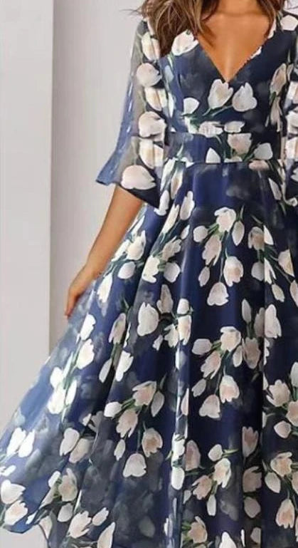 Spring Summer Women's Clothing New Casual V-neck Half Sleeve Floral Flower Dress