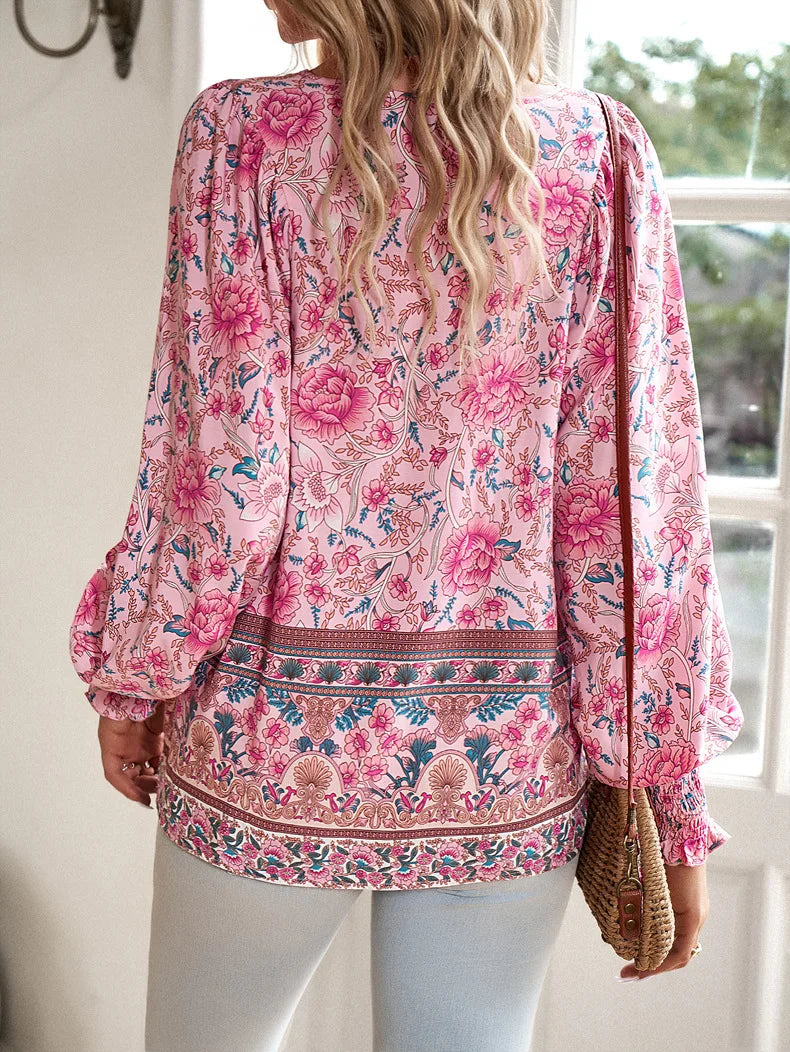 2025 Spring Summer Printed Shirt Women Elegant Chiffon V-neck Long-sleeve Top