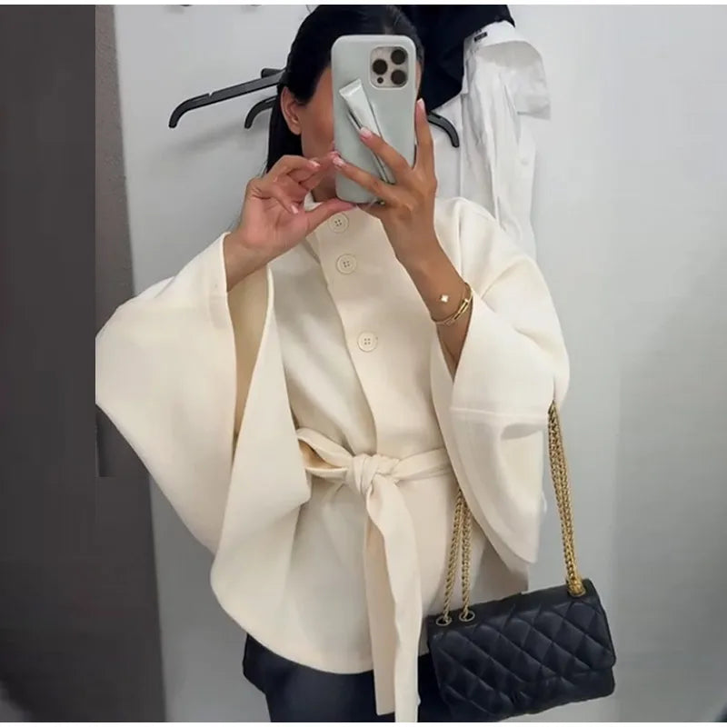 Womens Short Cape Coats For Women Belt Faux Wool Blends Coats Autumn Winter Solid Coats Elegant Cloak Jacket Ladies 2025