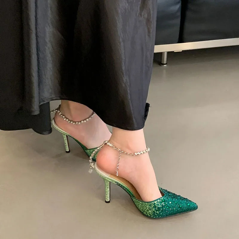 Fashion Luxury Rhinestones Ladies High Heels Shoes Bling Female Pointed Toe Footwear Ankle Buckle Women Thin Heels Shoes Pumps