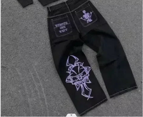 Gothic Womens Jeans Y2K Clothes Harajuku Hip Hop Pocket Embroidery Vintage Blue Baggy Jeans High Waist Slim Flared Trousers