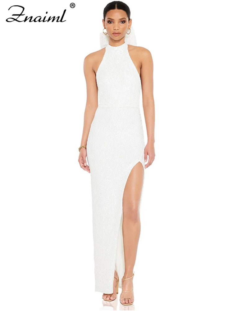 Znaiml Elegant Luxury Sequin Halter Big Bow Backless Long Dresses Women Sleeveless High Split Birthday Evening Wedding Vestidos