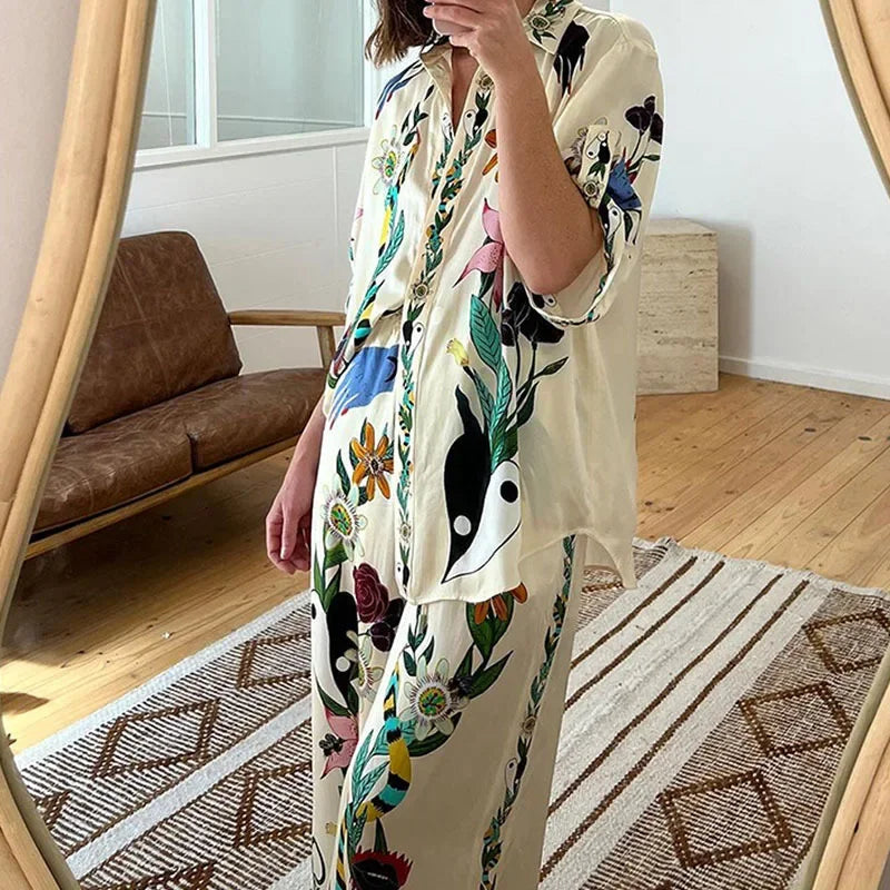 Long Sleeve Long Pant Sets Women Retro Lapel Single Breasted Blouses Trousers 2 Piece Set Printed Color-blocking Elastic Waist