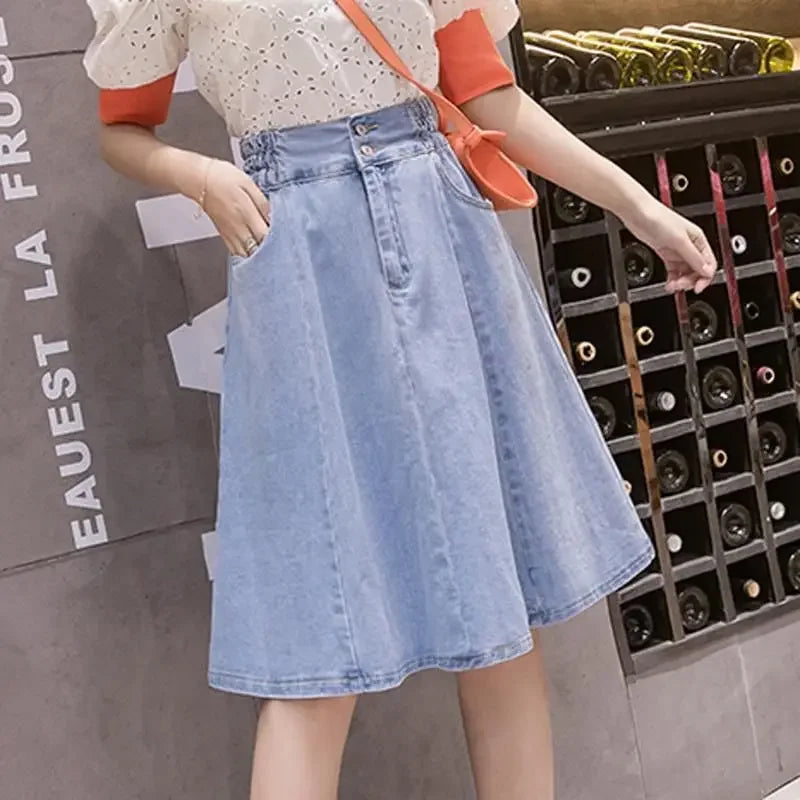 High Waist Midi Denim Skirt for Women plus Size Anti-Light Loose Elastic Waist Pleated Skirt Spring Summer Fashion plus Size