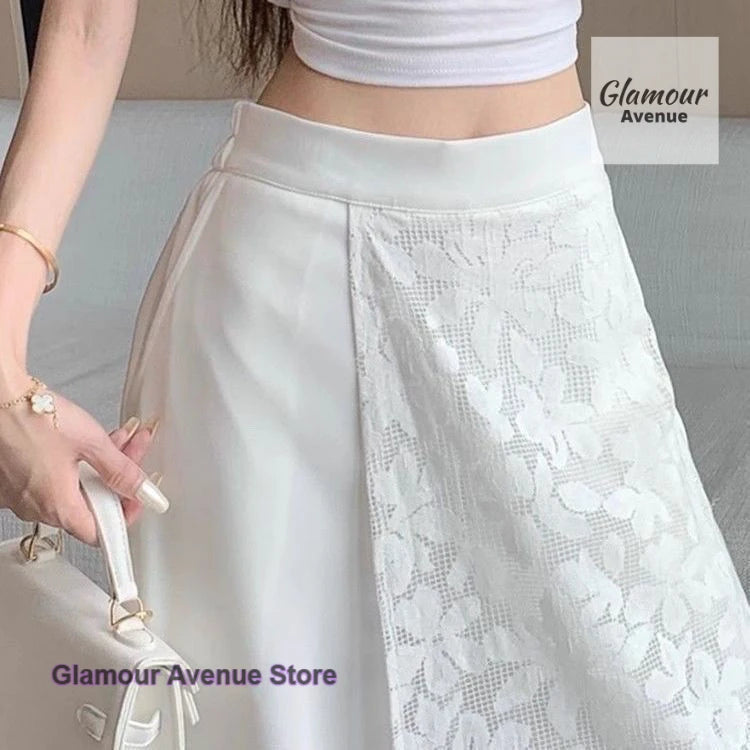 French style lace stitching high waist wide-leg pants women's summer thin fashion fake two pieces of casual Joker long pants.