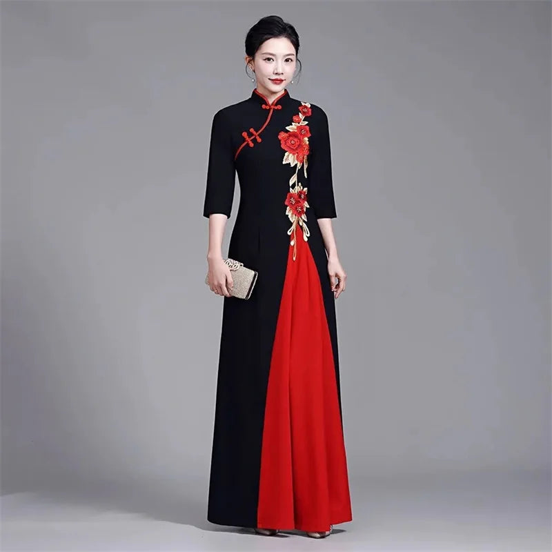 2025 Summer Women New Middle aged Elderly Dress Improved High end Non Ironing Show Elegant Slim And Long Embroide Red Dress 6XL