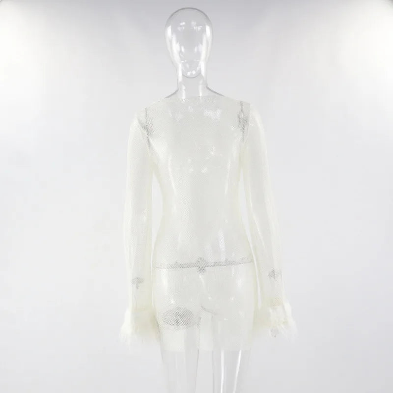 See Through Mesh Mini Dress Women Autumn Black Long Sleeves O-Neck Bodycon Elegant Sexy Dress Club Partywear Fashion Streetwear