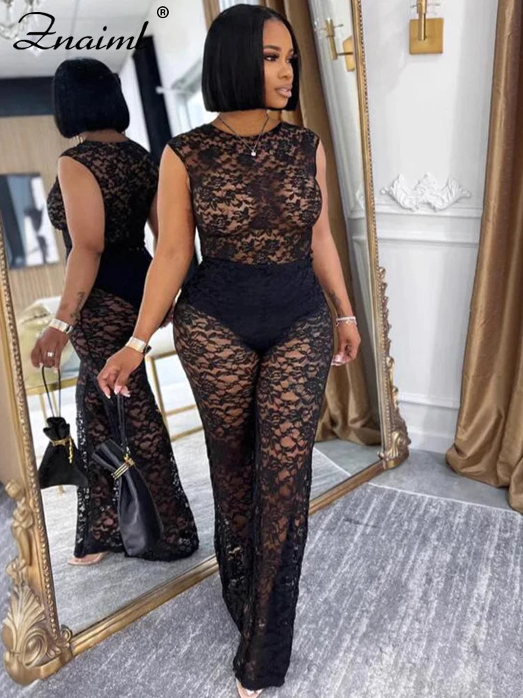 Znaiml Lace See Through Sexy Party Two Piece Set Sleeveless Bodysuits Top and Wide Leg Pants Women Summer Night Club Outfits