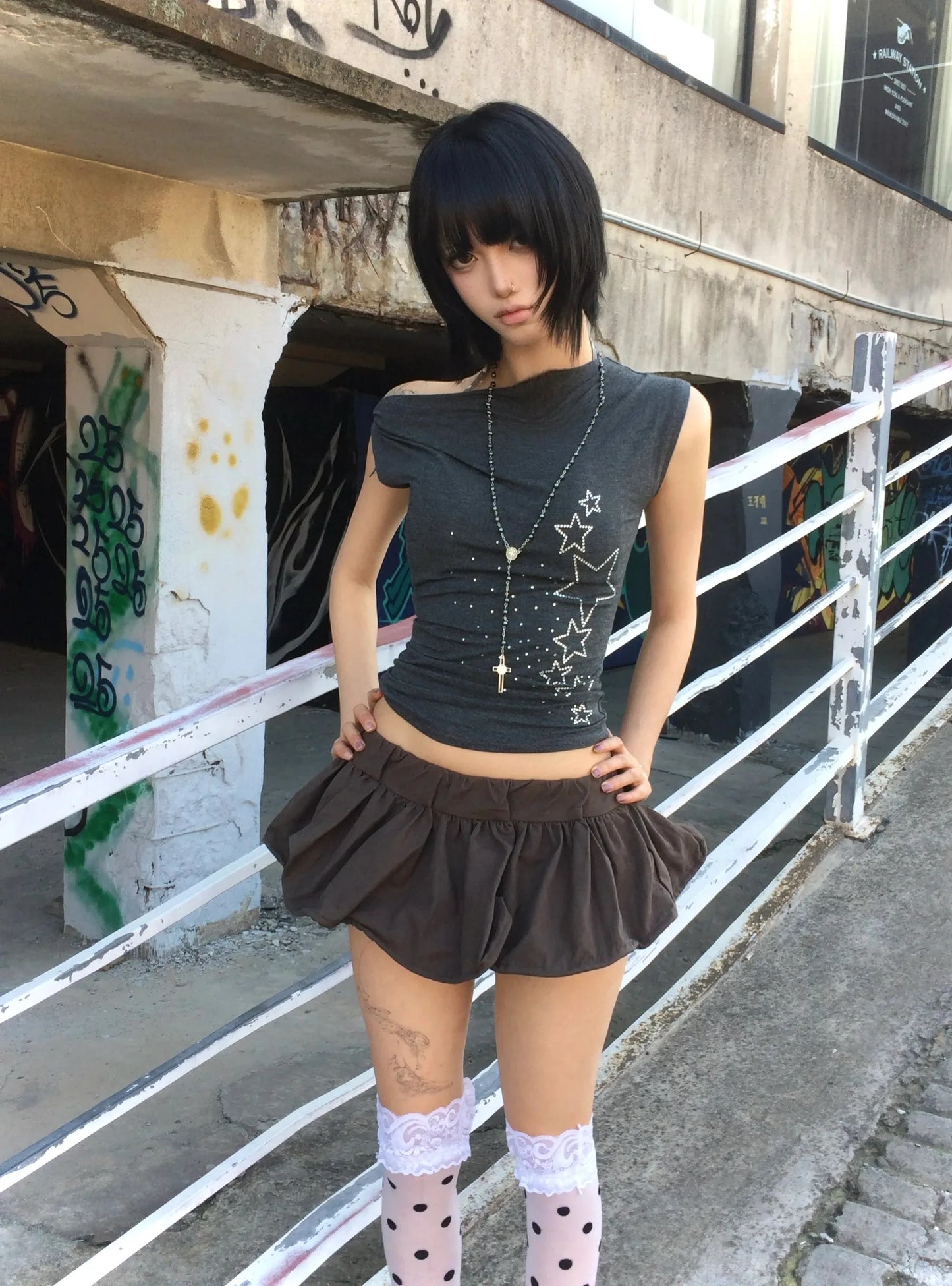 Karrram Japanese Y2k Off Shoulder T-shirt Trashy 2000s Style Rhinestones Sleeveless Top Vintage Harajuku Crop Top American Retro