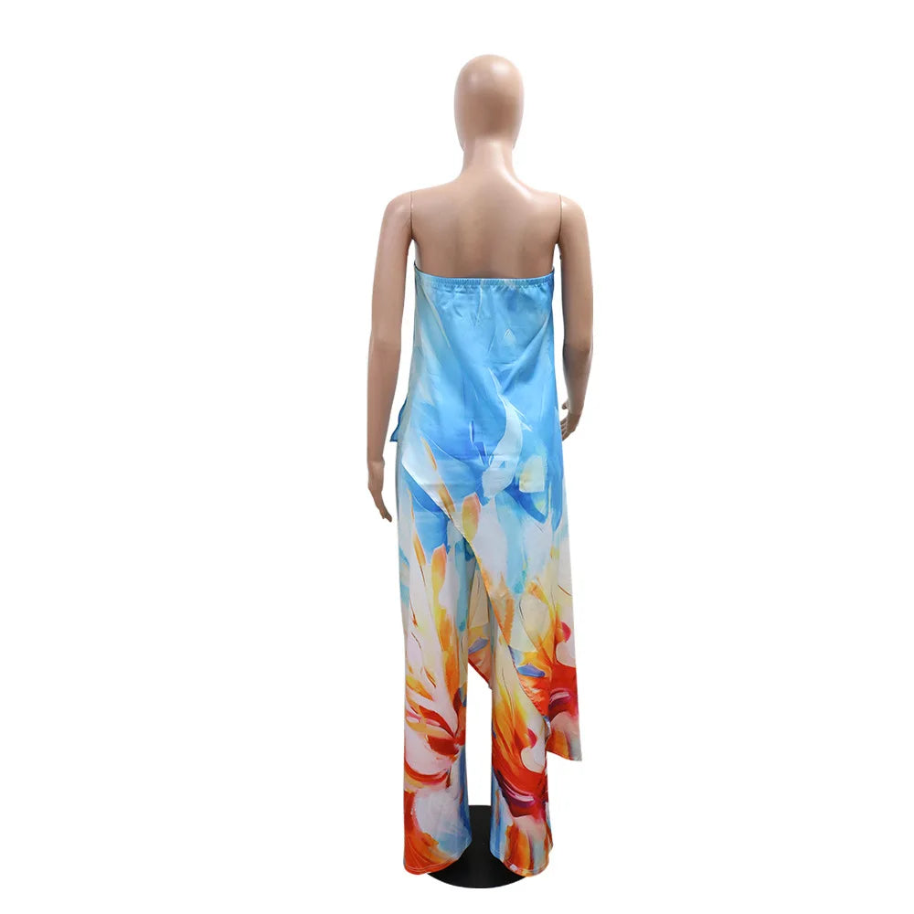 CM.YAYA Beach Holiday Print Women's Set Strapless High Low Blouse Top and Pants Suit 2025 Street Summer Two 2 Piece Sets Outfit