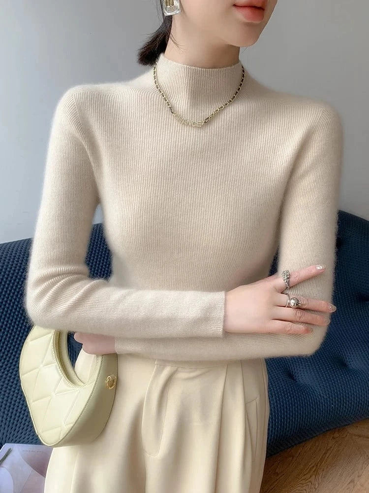 Women 100% Cashmere Sweater Mock Neck Pullover Autumn Winter Slim Basic Cashmere Knitwear Soft Warm High Strecth Pullover Tops