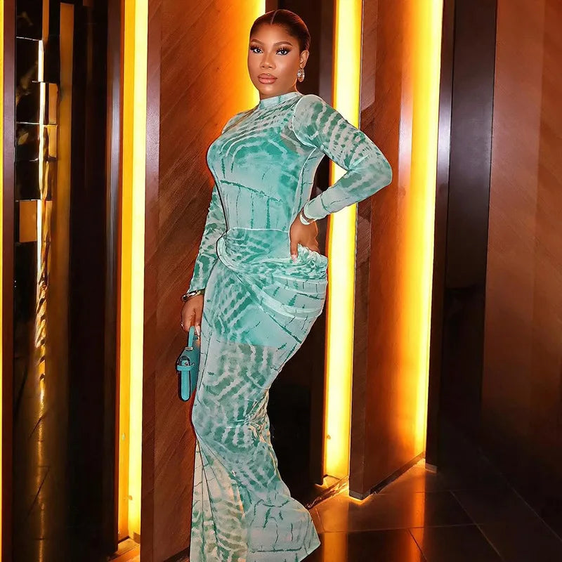 CM.YAYA Women Tie Dye Printed O-neck Bodycon Midi Maxi Long Dress 2025 Summer Holiday Birthday Sexy Club Party Evening Dresses