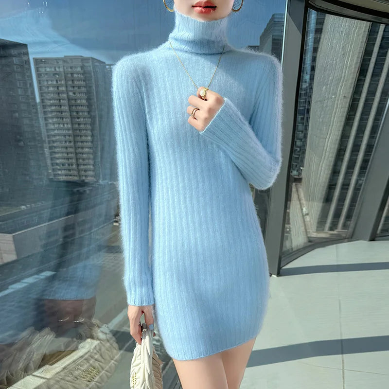 High Neck Slim Fit Stretch Knit Mini Dress for Women