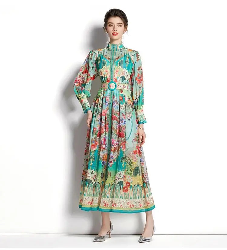 Women's Turtleneck Lantern Sleeve Single Breasted Flower Print Maxi Dress Autumn Bohemian Chiffon Green Belt Holiday Vestidos