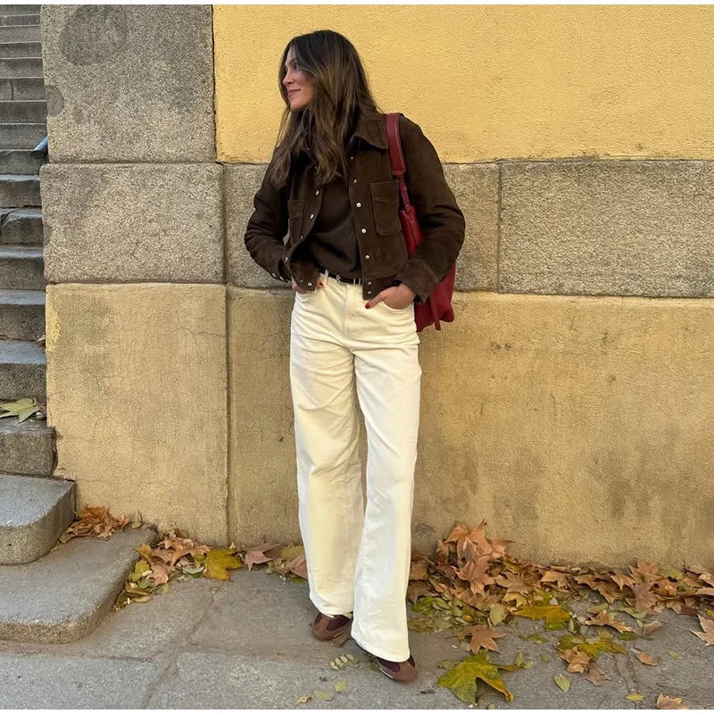Big Pockets Suede Short Women's Jackets Vintage Lapel Single Breasted Full Sleeve Jacket Lady 2025 Spring Fashion Streetwears