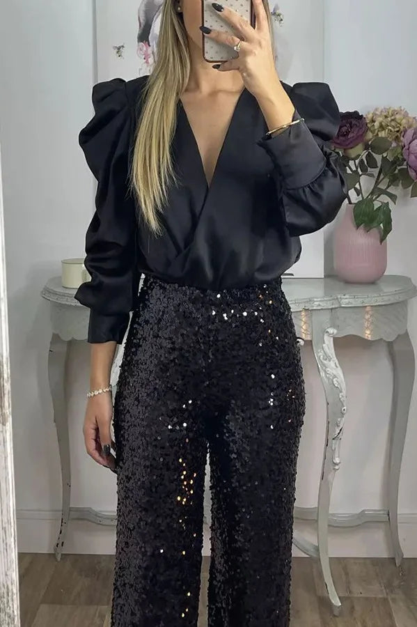 Spring Solid Color Commute Satin Shirt Pullover Fashion V-Neck Puff Long Sleeve Blouses Female Temperament Pleated Ruffled Tops