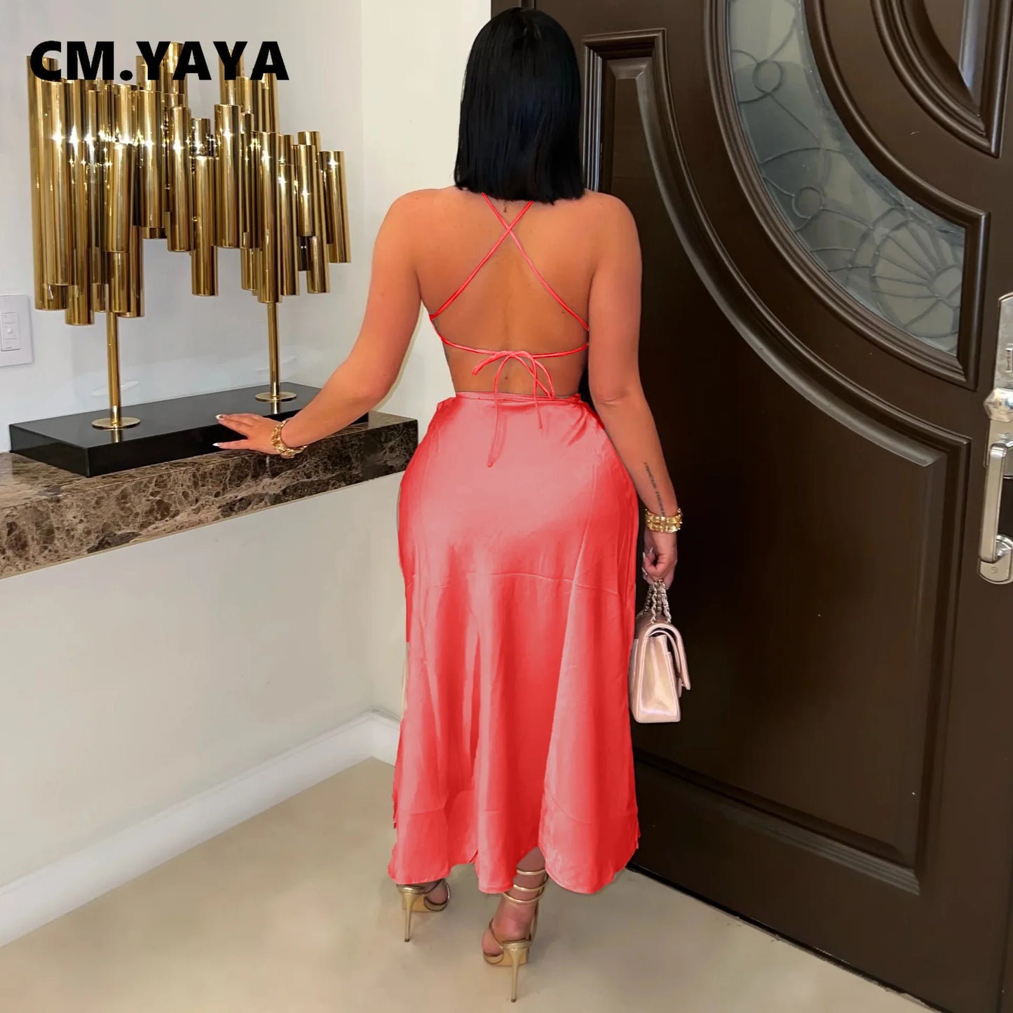 CM.YAYA 2025 Sexy Party Club Night Women's Set Halter Neck Crop Top and Side Split A-line Maxi Skirt Suit Two 2 Piece Set Outfit