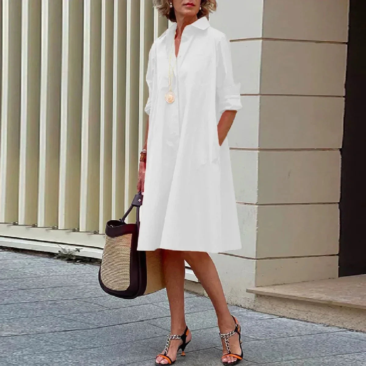 Yeezzi 2025 New Women's Lapel Shirts Dress Fashion Simple Solid Color Long Sleeves Loose H-line Casual Office Midi Dresses