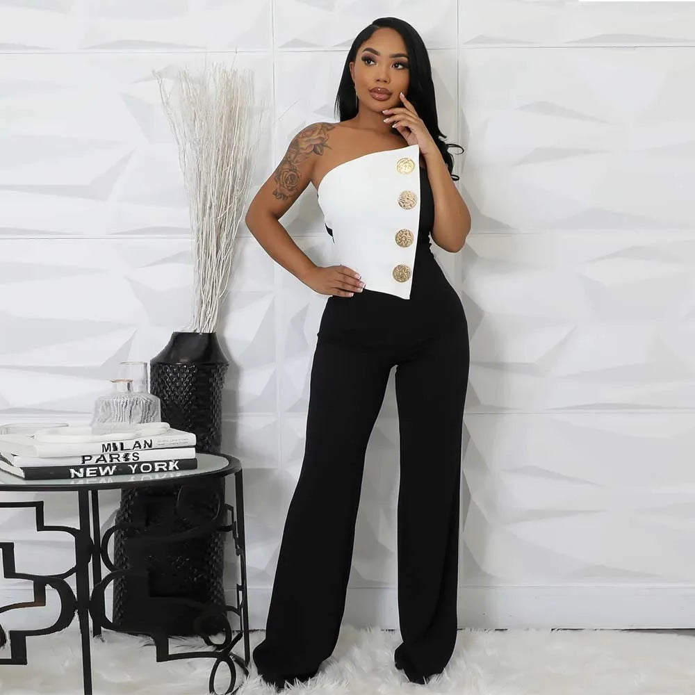 CM.YAYA Elegant Button Strapless Sleeveless Irregular Girl Jumpsuits 2025 Spring Women's Overalls Outfits Night Club One Piece