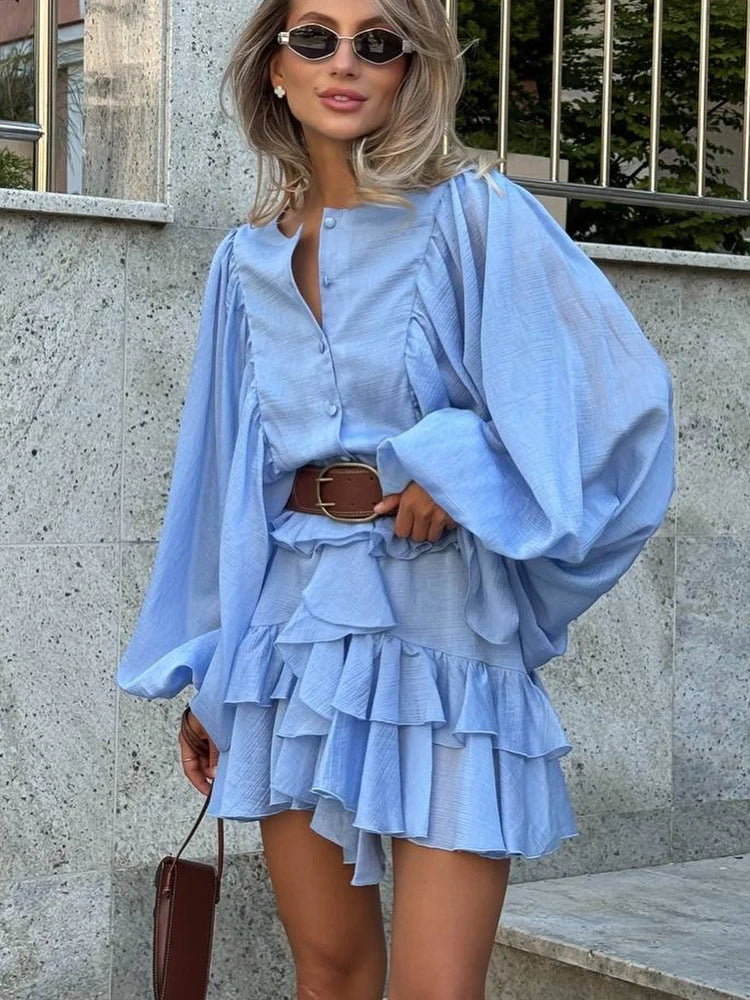 FSMG Elegant Lantern Sleeve Ruffle Edge Mini Dress Casual O Neck Pleated Single Breasted Loose Short Skirt Holiday Banquet Dress