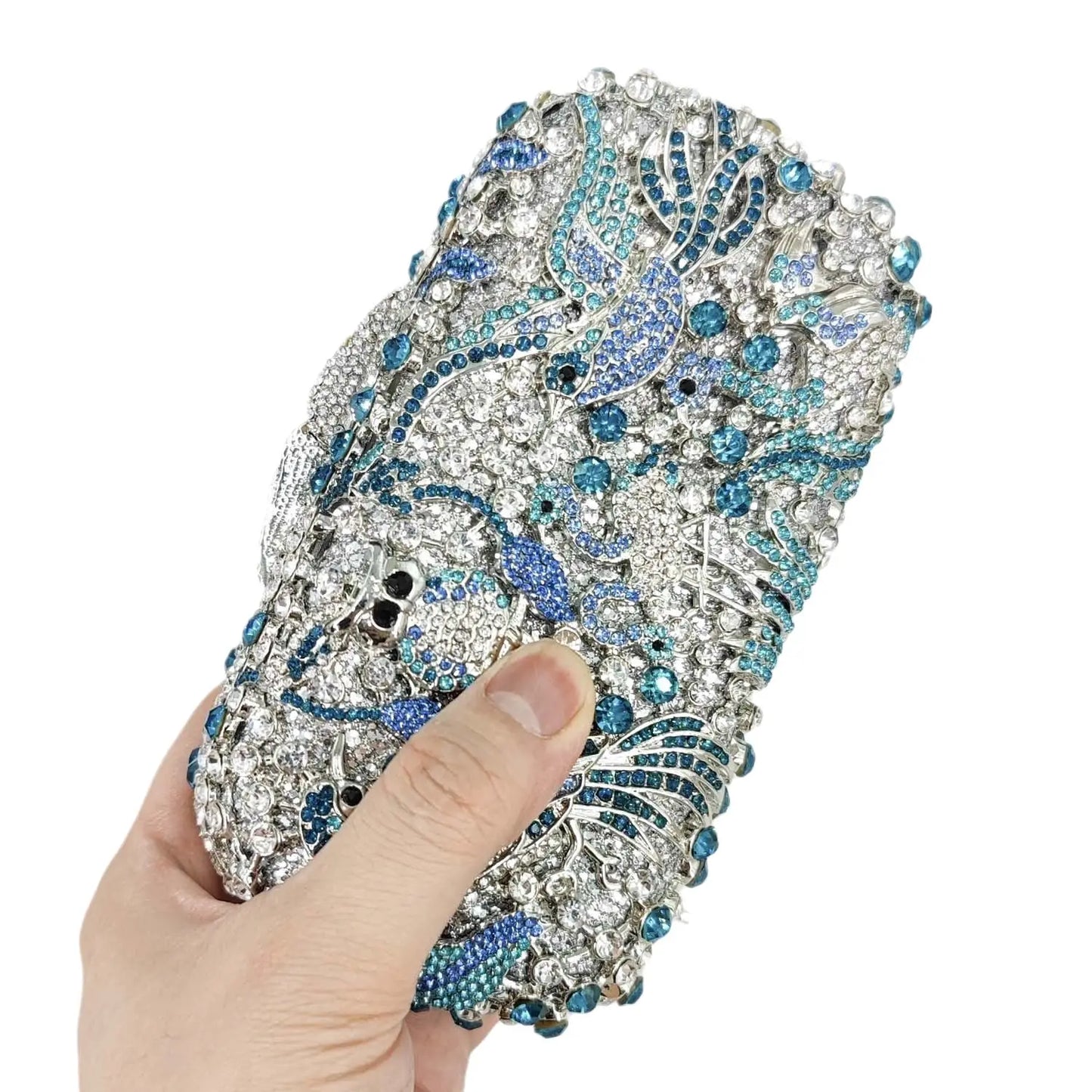 Boutique De FGG Light Blue Spahire Bird & Flower Women Crystal Clutch Evening Bags Wedding Bridal Animal Rhinestone Handbags