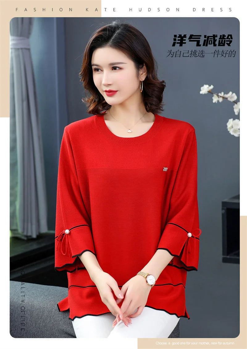 6XL Mom Large Summer New Ice Silk Shirt 3/4 Sleeves Round necked T-shirt Knit Sweater Loose Top For Wearing Outwear Top Black